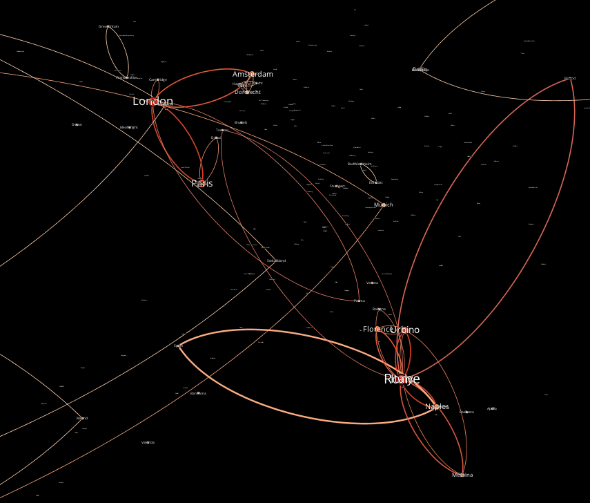 A graph of geographic locations described in the ULAN, connected by artists' relationships. (visualization by Matthew Lincoln, underlying data © 2013 The J. Paul Getty Trust. All rights reserved.)
